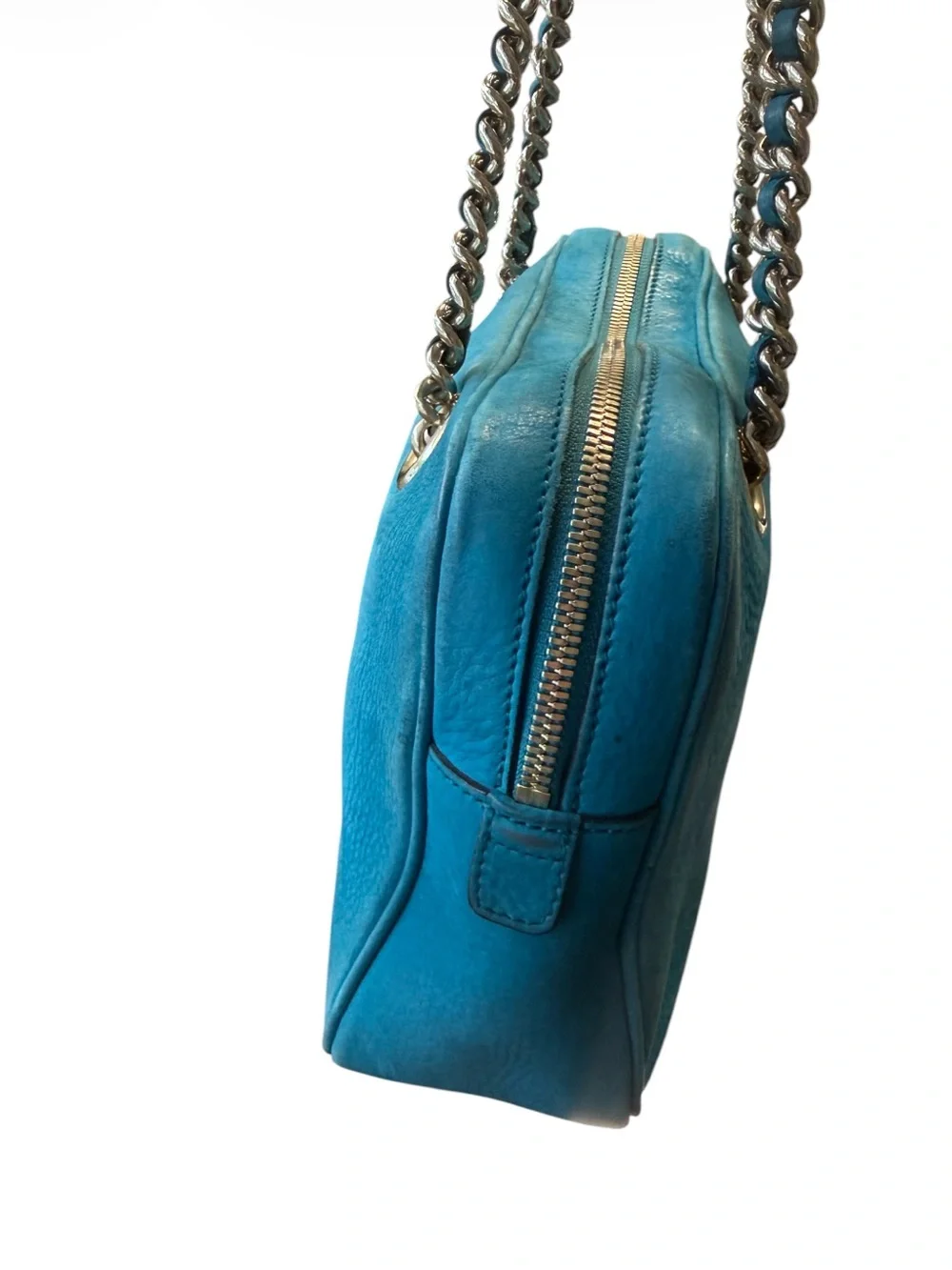 Gucci Soho Chain Strap Suede Leather Medium Bowler Bag Teal Blue Gold